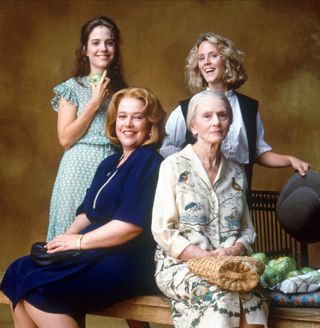 the cast of Fried green tomatoes poses together around a bench