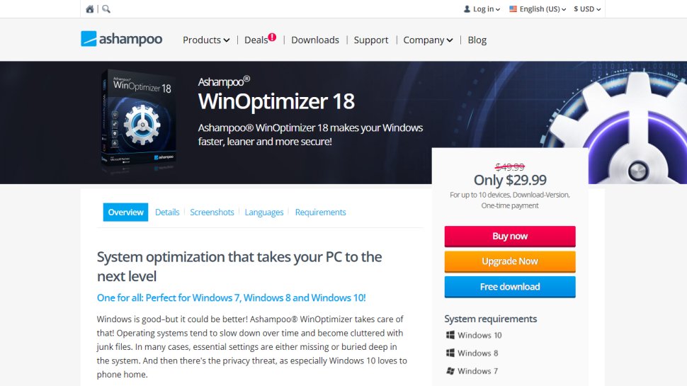 Website screenshot for Ashampoo WinOptimizer