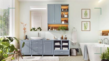 neutral bathroom with pale blue cabinets lots of storage and lighting to avoid common bathroom design mistakes 