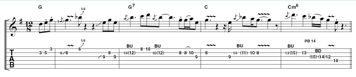Example 1: simple opening idea. To introduce an emotive solo, try stripping away any unnecessary embellishment and focus on the essence. It would be morally wrong to start blabbering on about scales here, so just have a look at the fingering, then have a wail.