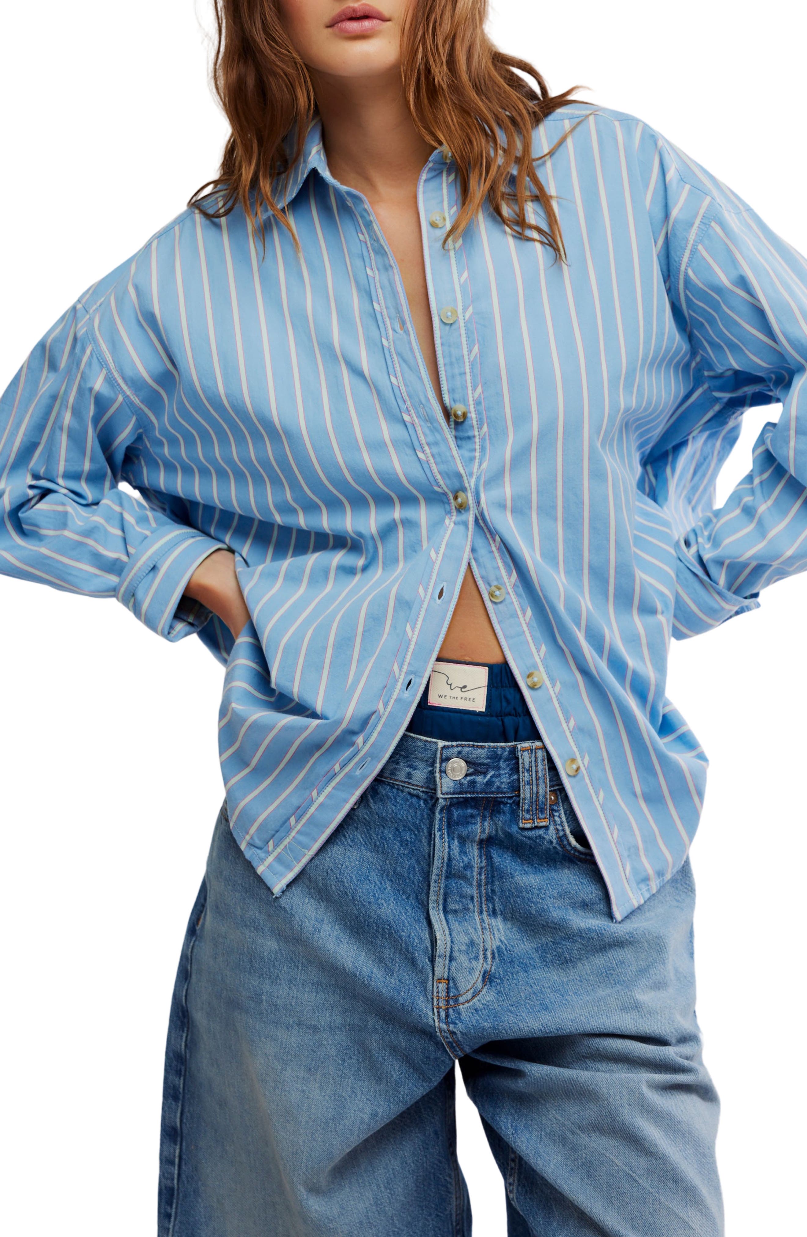 Free People, Varsity Vibes Stripe Oversize Cotton Button-Up Shirt