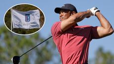 Tiger Woods holds his finish on a drive and an inset of a PGA Tour Champions flag