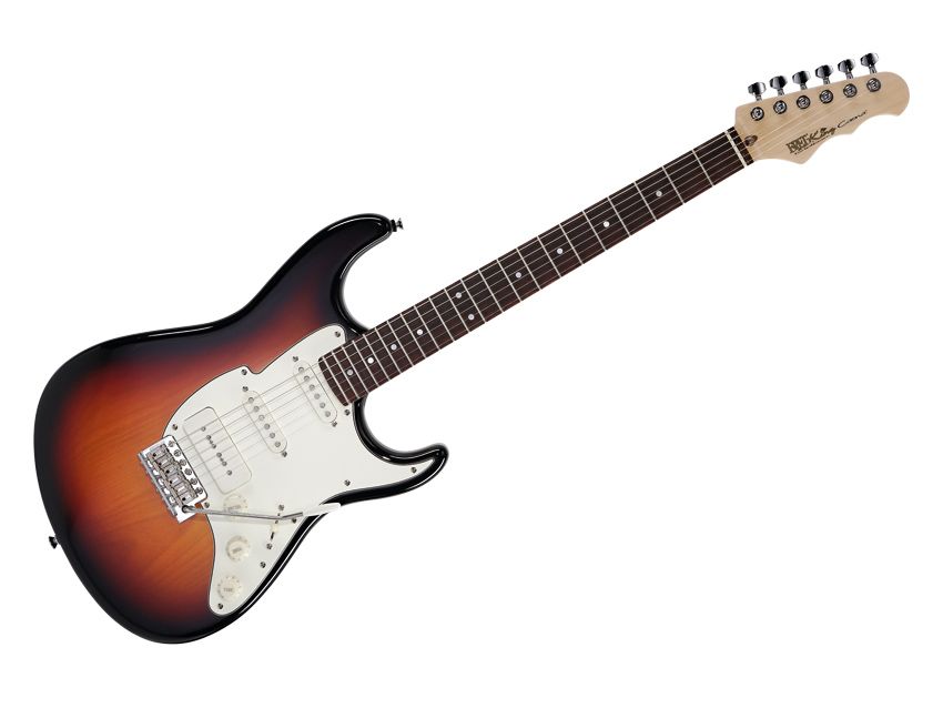 The bat-wing shapes of the Corona SP's scratchplate and headstock distinguish it from its inspiration.