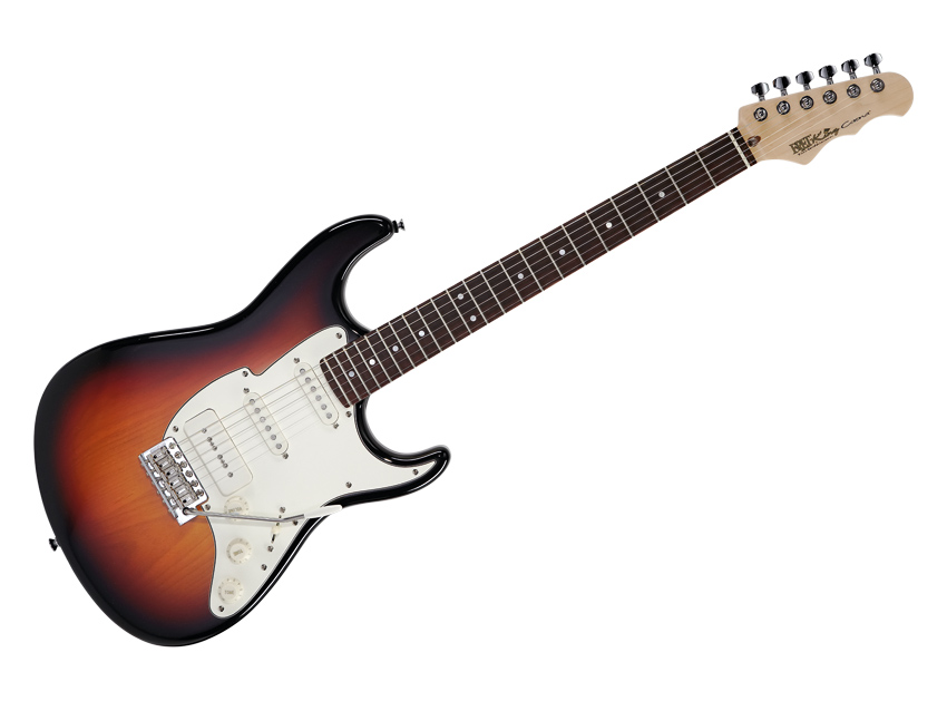 The bat-wing shapes of the Corona SP's scratchplate and headstock distinguish it from its inspiration.