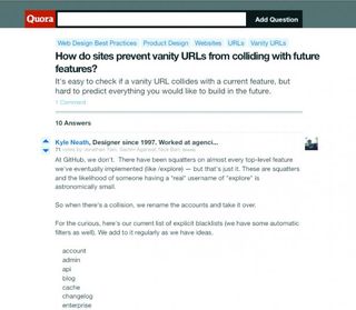 Quora has some great advice on preventing your username signups from 'stealing' valuable URL keywords