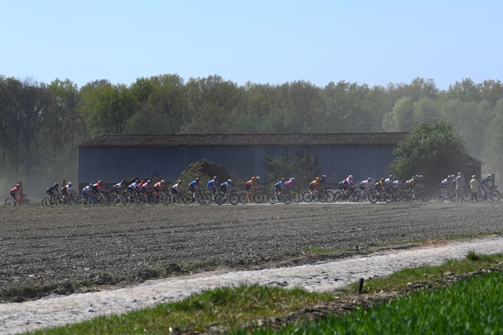 ROUBAIX FRANCE APRIL 16 A general view of the peloton competing during the 2nd ParisRoubaix 2022 Womens Elite a 1247km one day race from Denain to Roubaix ParisRoubaixFemmes ParisRoubaix on April 16 2022 in Roubaix France Photo by Tim de WaeleGetty Images