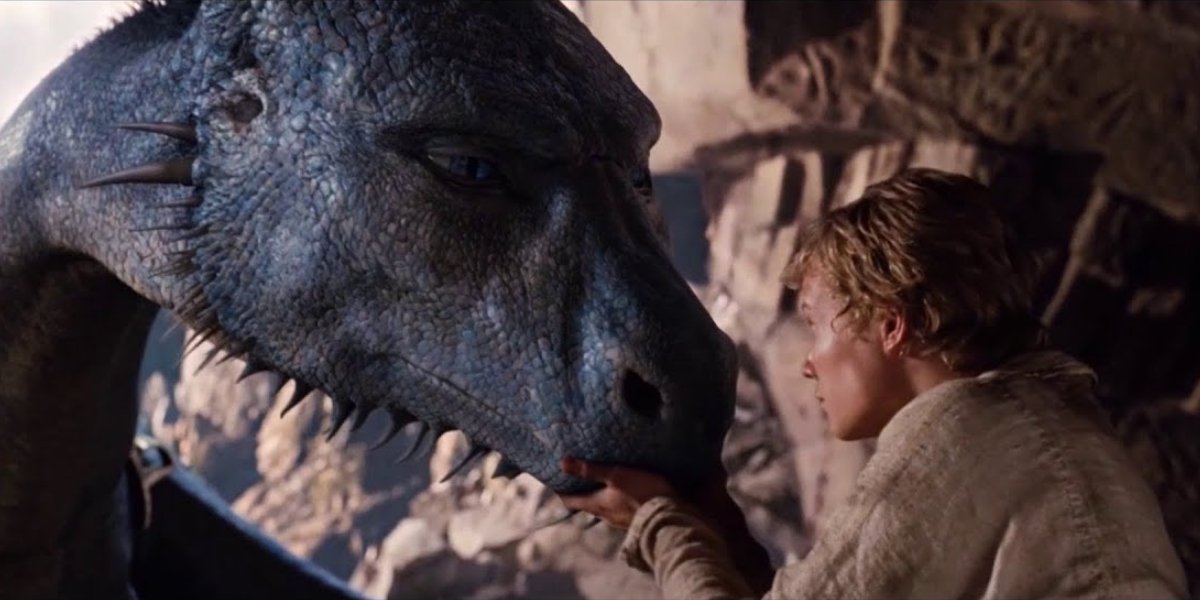 Ed Speleers with dragon Saphira, voiced by Rachel Weisz, in Eragon