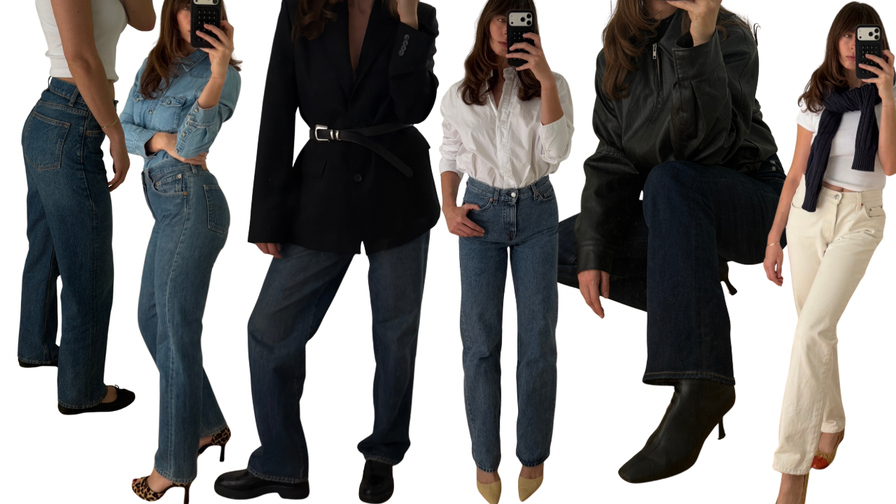 collage Kathryn Zahorak posing in mirror wearing jeans on white background
