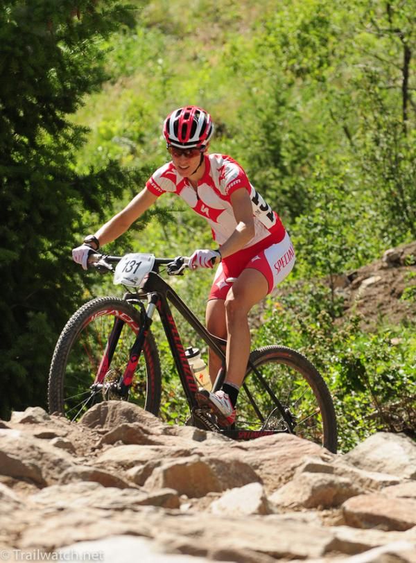 Lea Davison (Specialized) setting up for the rock garden