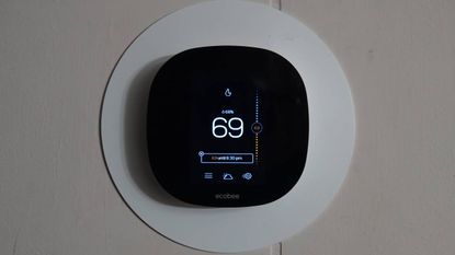Close up of an Ecobee smart thermostat