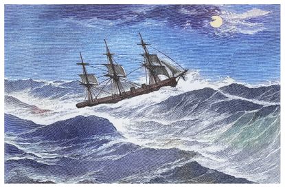 Old engraved illustration of ship at sea.