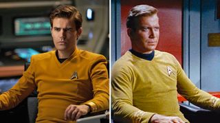 James T Kirk, played by Paul Wesley in Star Trek: Strange New Worlds (left) and William Shatner in Star Trek: The Original Series (right).