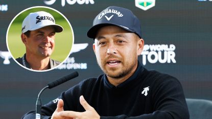 Main image of Xander Schauffele speaking during his 2024 Scottish Open press conference - inset image of Keegan Bradley