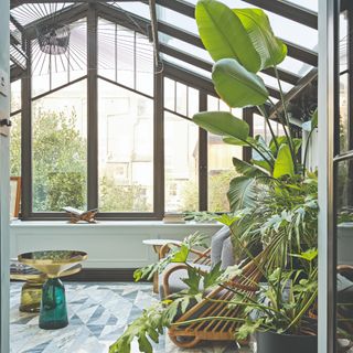 A garden room with a large window and large houseplants