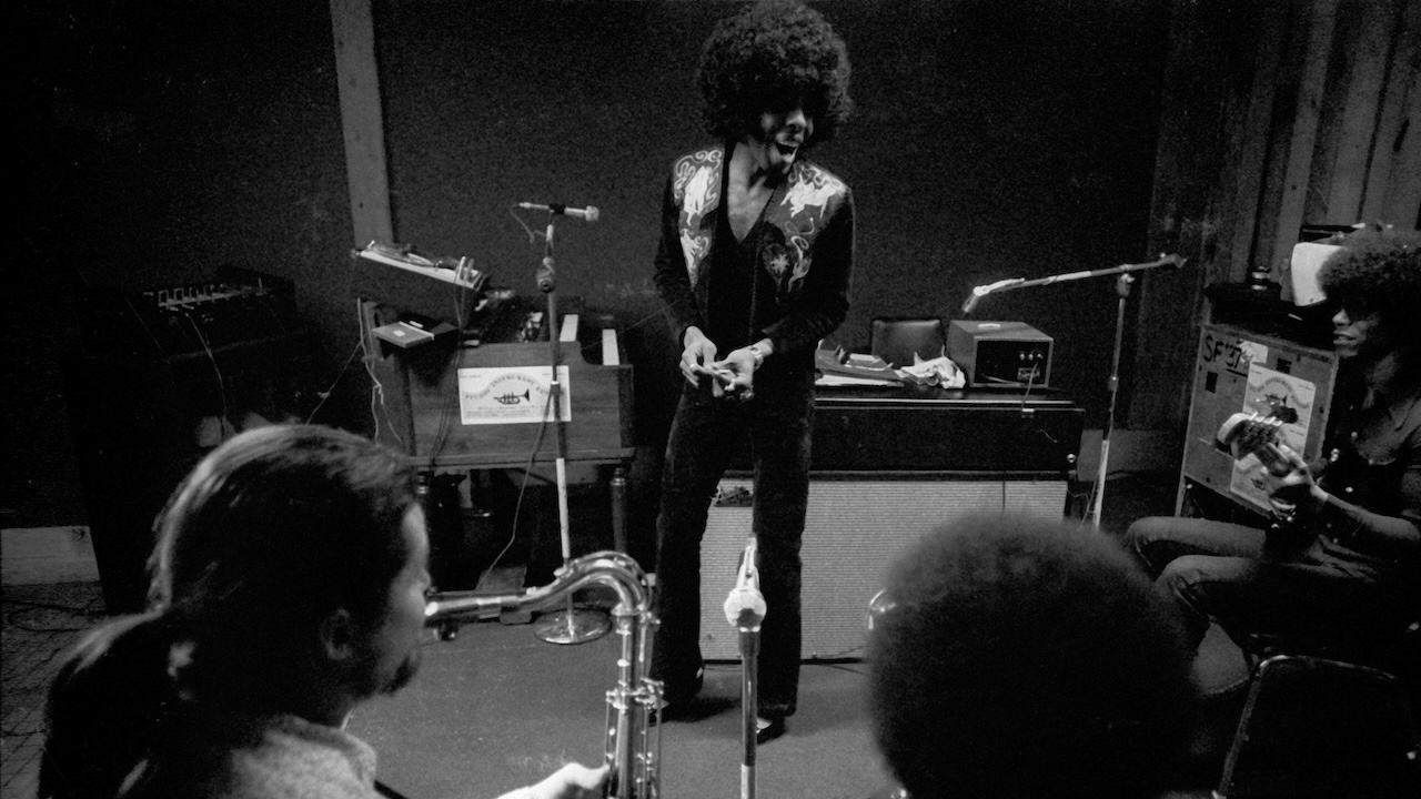Jerry Martini, Sly Stone, Cynthia Robinson and Rustee Allen of the psychedelic soul group 'Sly And The Family Stone' records in the studio on April 3, 1973 in San Francisco, California.