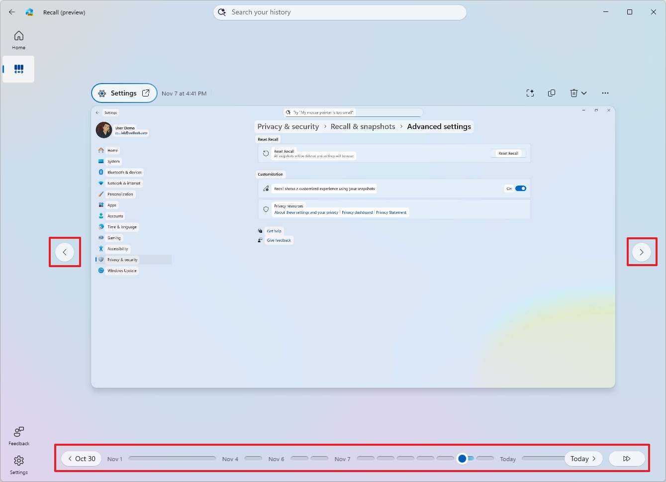 Windows Recall timeline controls