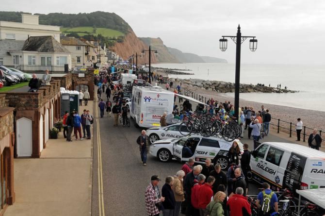 Teams set up along the Sidmouth seafront prior to the start of stage 6 at the Tour of Britain