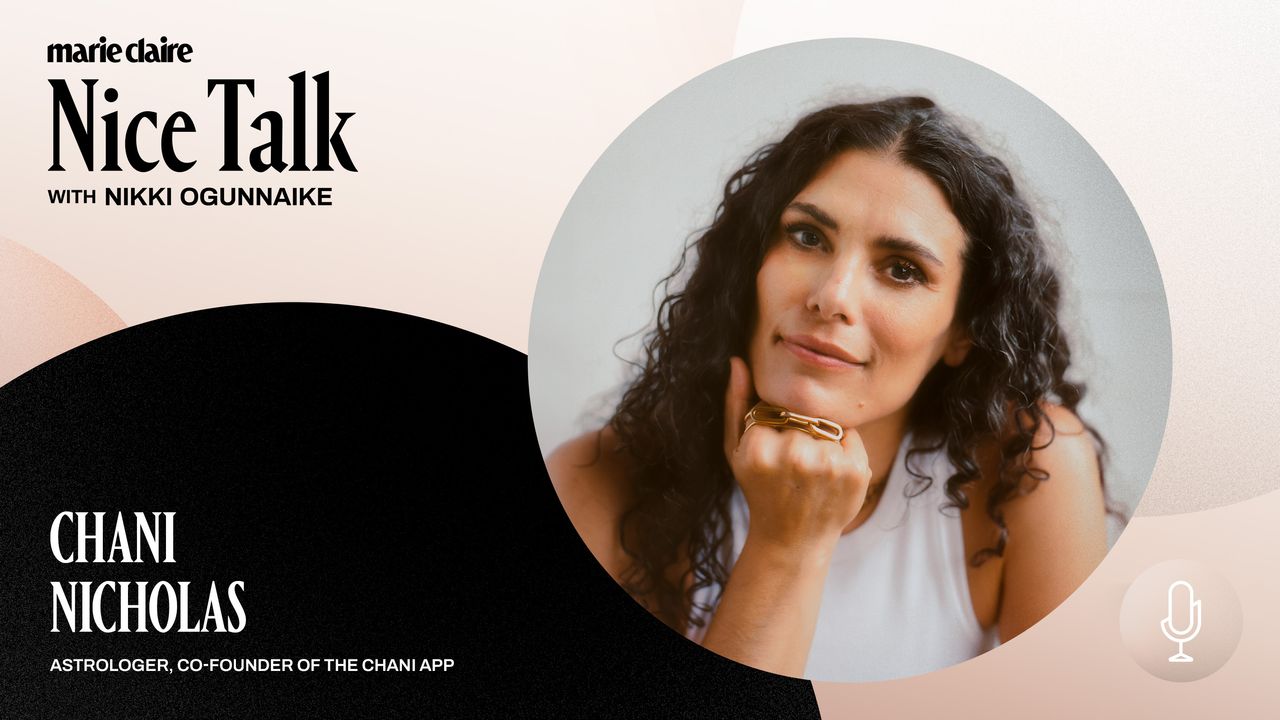 a head shot of chani nicholas with a border promoting her appearance on the nice talk podcast