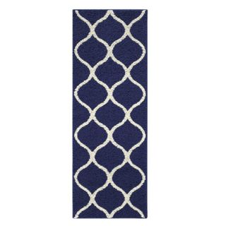 A navy blue runner rug with a white pattern