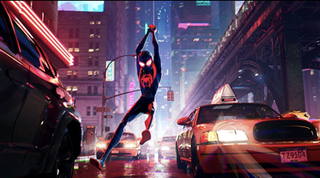 spider man flies through new york city traffic in Spider-Man: Into the Spiderverse (2018)