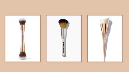 Product shot of Sculpted by Aimee Foundation Duo Brush, Jones Road The Face Powder Brush and ICONIC London Glossing Brush, some of the best foundation brushes on a pale brown background