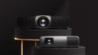 BenQ W5850 and W4100i Home Cinema Projectors on black background.