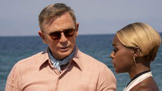 (L to R) Daniel Craig as Detective Benoit Blanc and Janelle Monáe as Andi in Glass Onion: A Knives Out Mystery