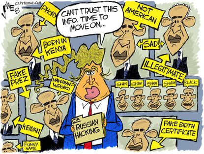 Political cartoon U.S. Donald Trump accusations Barack Obama