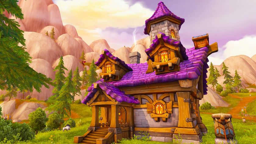 A screenshot of a World of Warcraft house via player housing. A purple-roofed house with glowing windows rests in a bright glade.