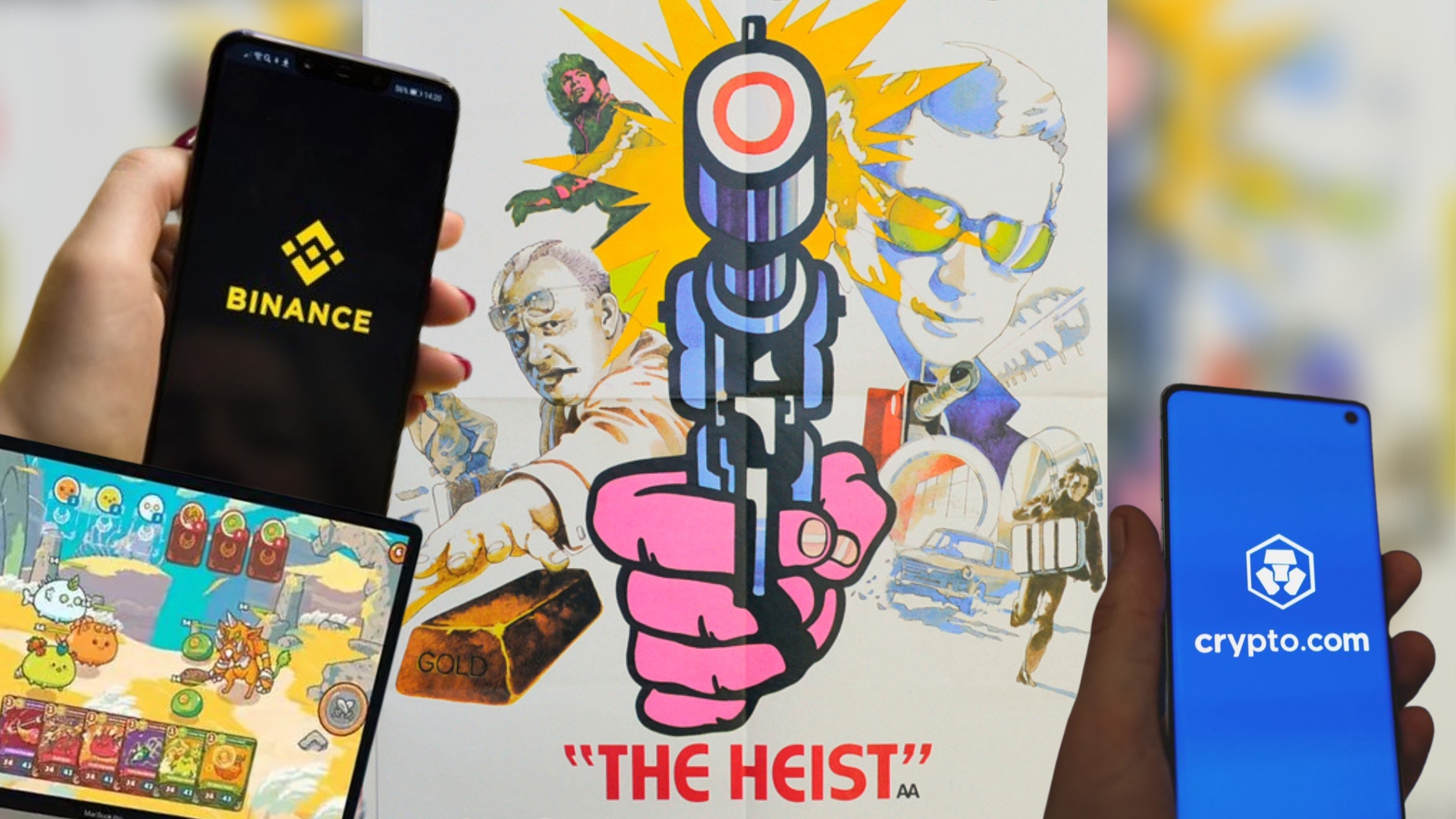 Mock film poster for 'The Heist' featuring images of recently hacked crypto orgs