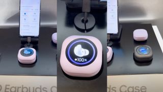 A galaxy buds case with an OLED screen.
