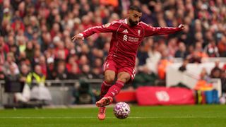 Mohamed Salah plays during the Premier League match between Liverpool and Everton at Anfield in Liverpool, England, on September 20, 2025.