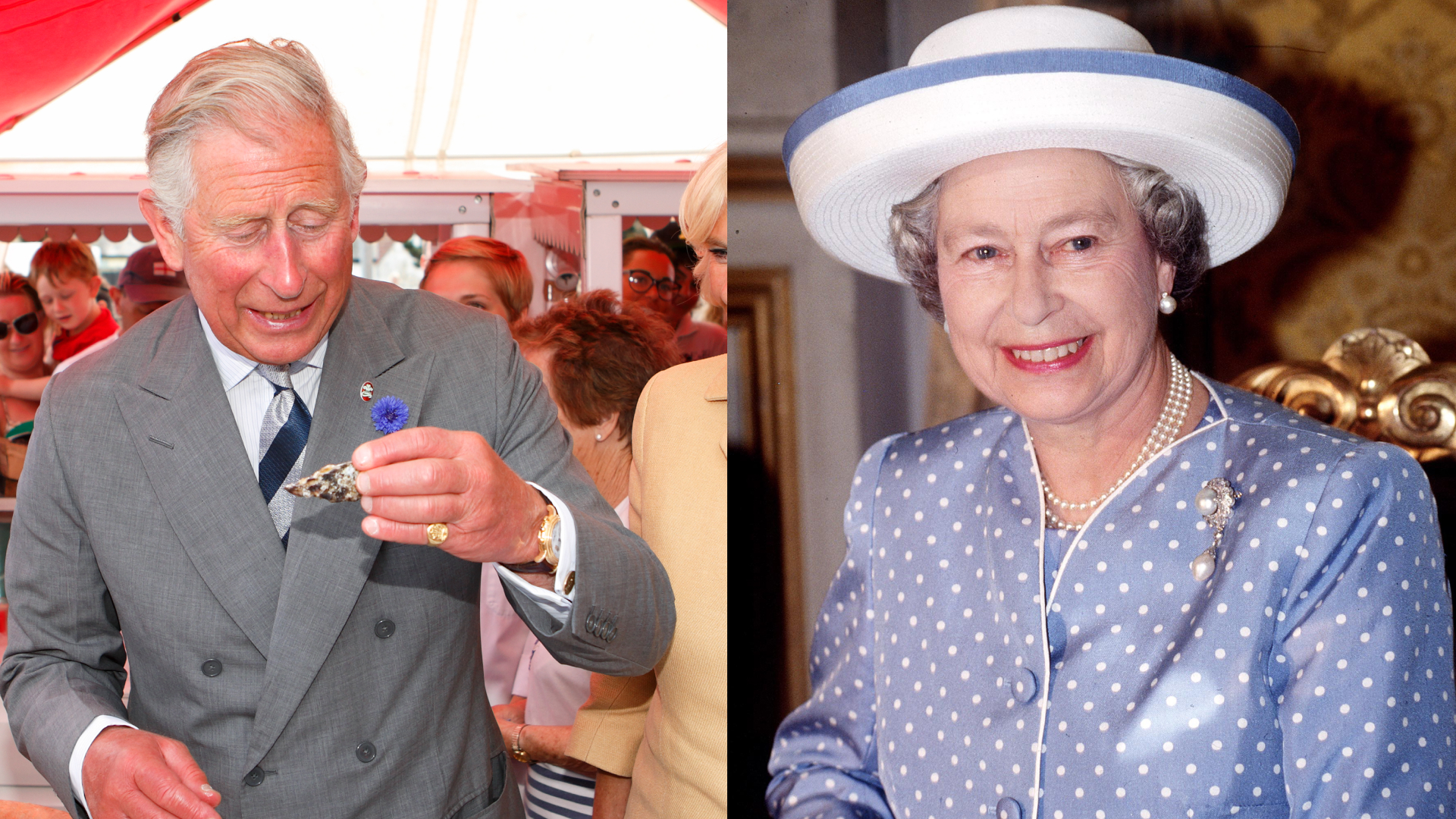 King Charles eating an oyster; Queen Elizabeth smiling in a polka dot coat 