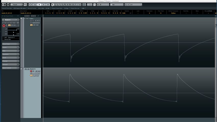 Here are the raw sawtooth waveforms of both the real Minimoog and the iMini. As you can see, they are almost identical, save for the fact that they are inverted! Fortunately, that doesn't affect the sound.