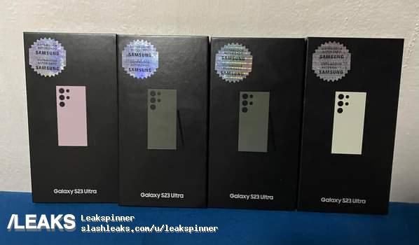 Image of the leaked retail boxes of the Samsung Galaxy S23 Ultra in four colors