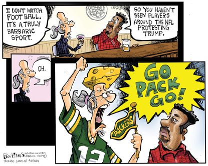 Political cartoon U.S. NFL kneeling liberals sports
