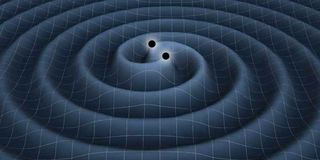 Gravity waves caused by two rotating black holes.