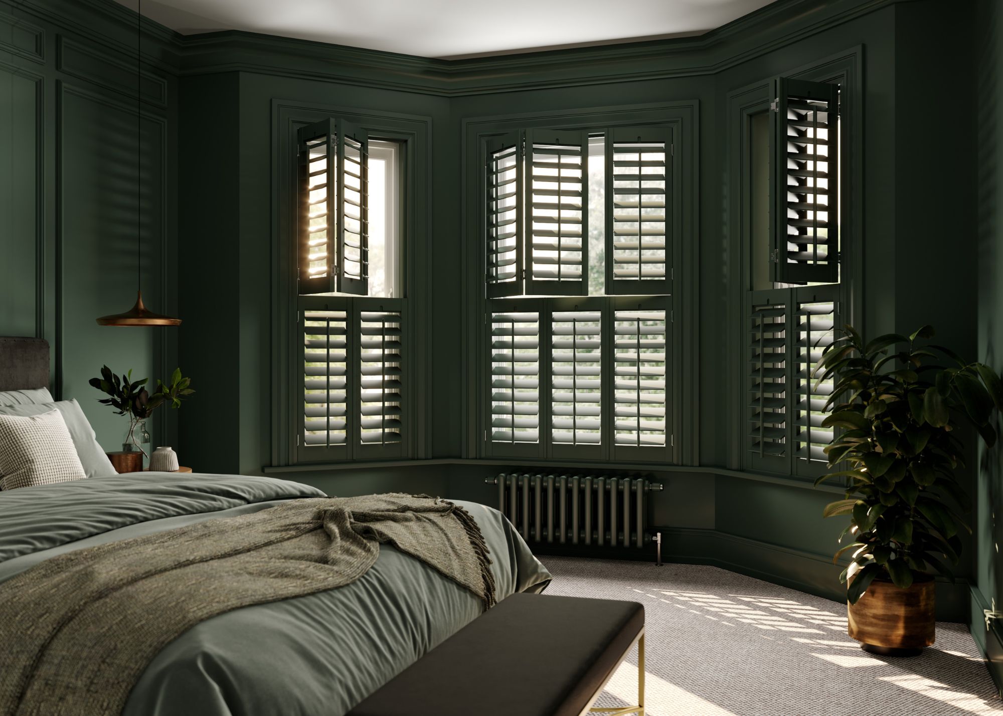 bedroom color-drenched dark green with matching window shutters