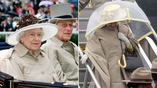Queen Elizabeth wearing a trench coat on two different occasions