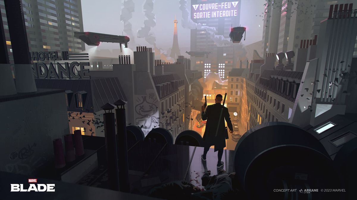 Marvel&#039;s Blade concept art by Sergey Kolesov and Jean-Luc Monnet showing Blade overlooking a quarantined Paris at night 