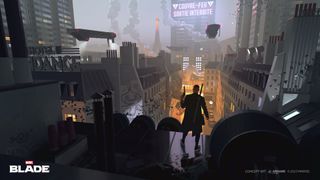 Marvel's Blade concept art by Sergey Kolesov and Jean-Luc Monnet showing Blade overlooking a quarantined Paris at night 