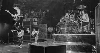 (from left) Eddie Van Halen, Michael Anthony and Alex Van Halen perform live in 1978