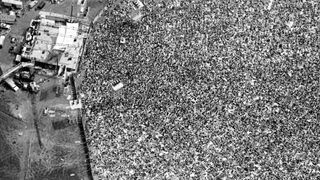 Aerial view of the crowd at Woodstock 1969