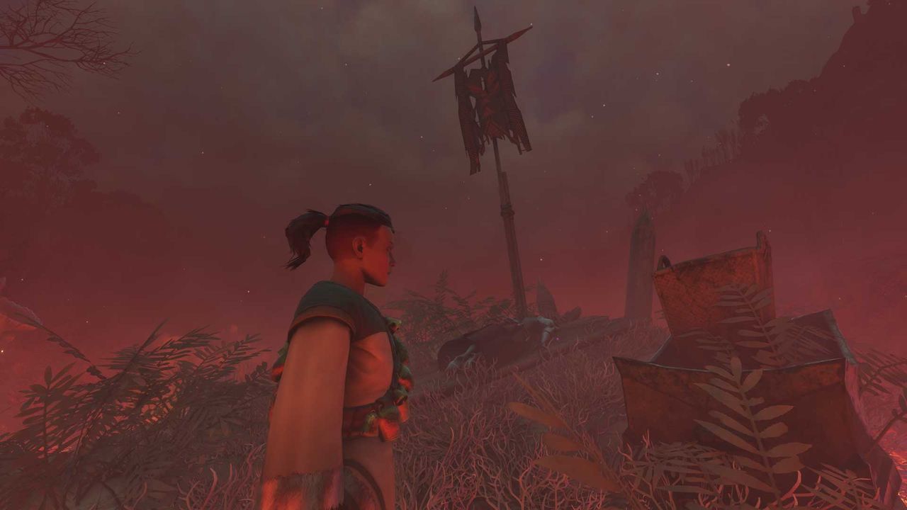 The Blood Rose Enshrouded gear on a soldier with a flag stuck in them