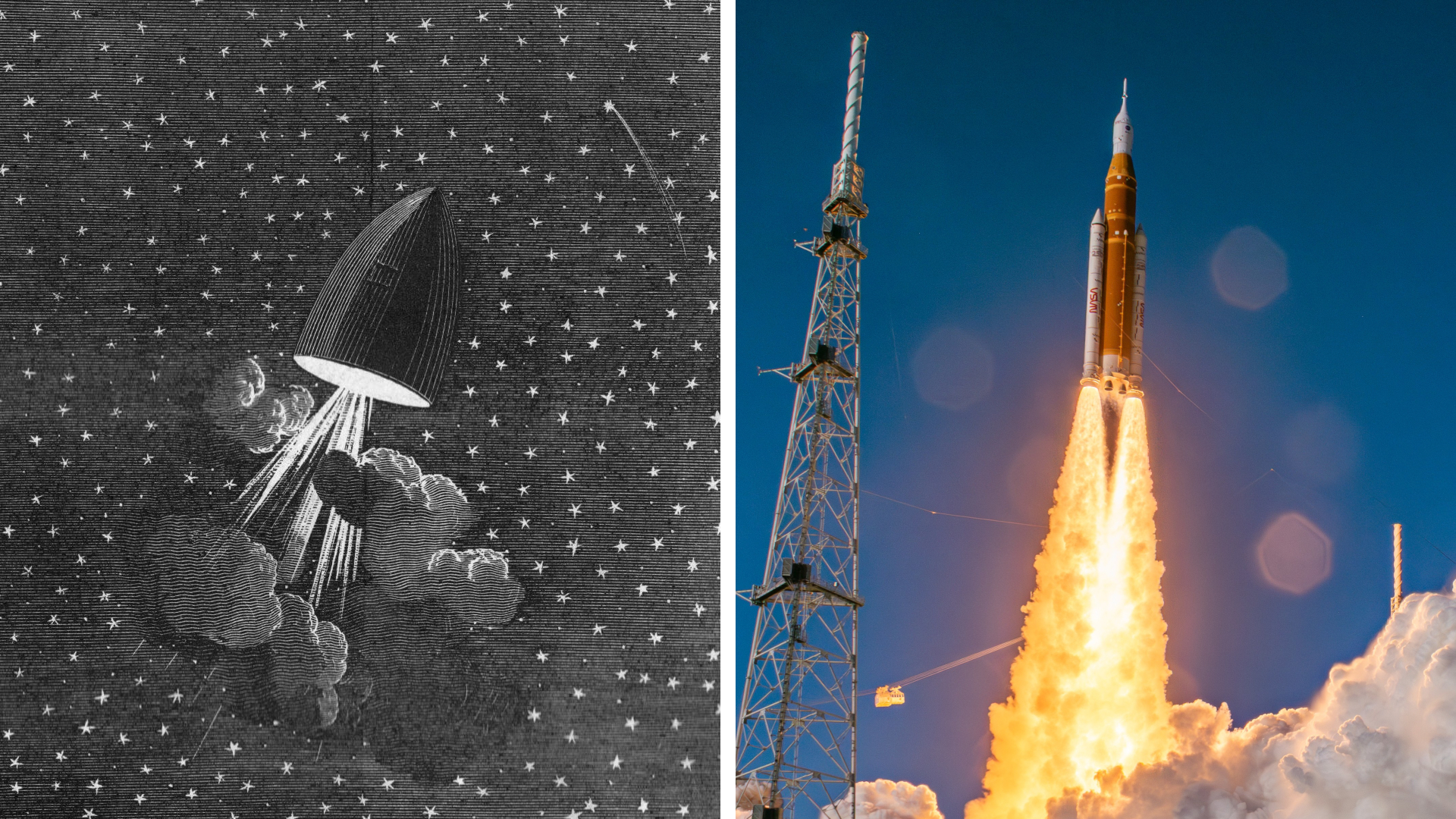 A split image showing an illustration of Jules Verne's "Around the Moon" (L) and a photo of the Artemis 2 rocket launch (R)