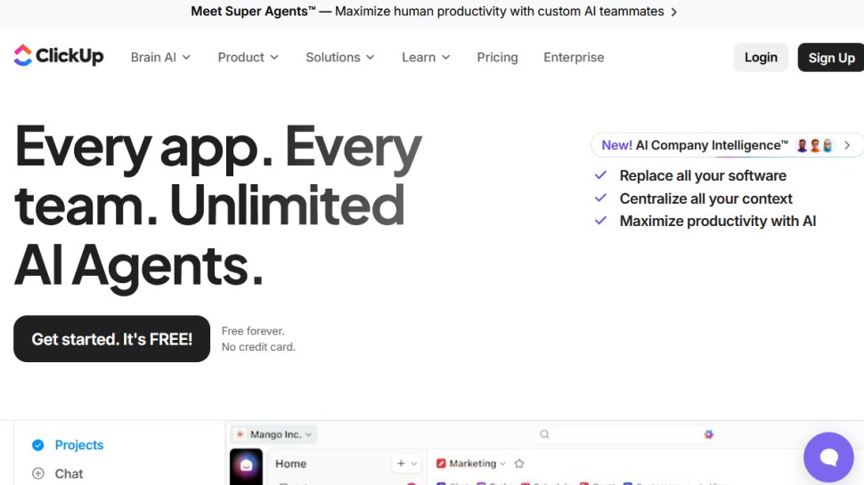 ClickUp website screenshot (March 2026).