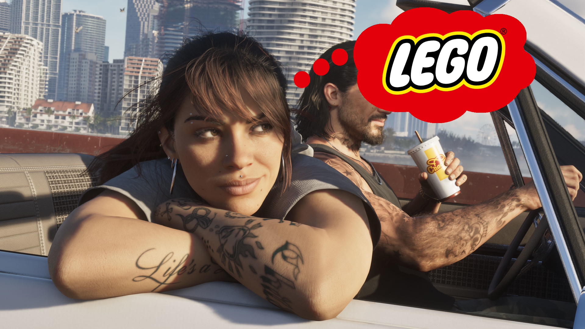 Lucia dreams of Lego while in a speedboat, with a city visible in the background