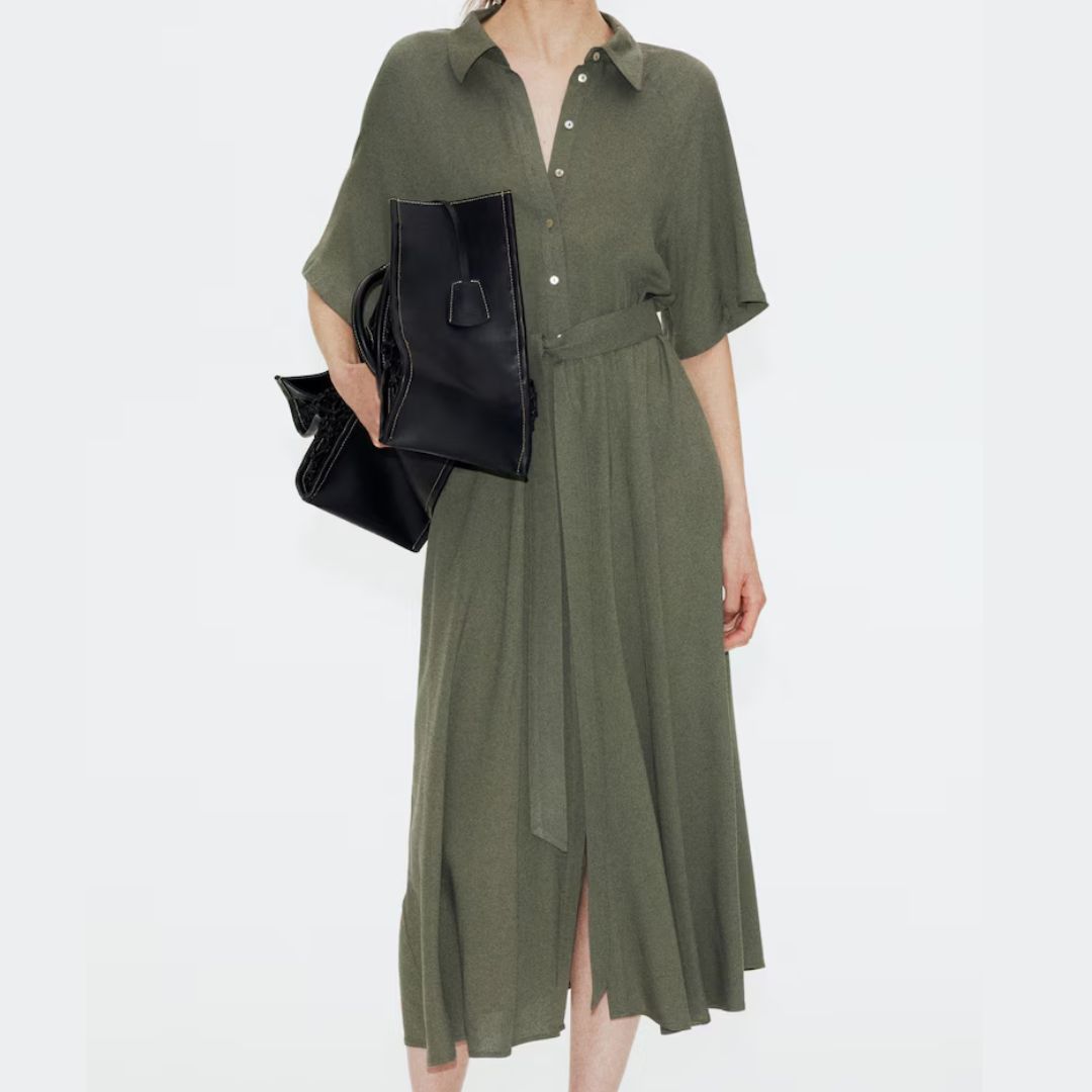 H&M Tie-Belt Green Shirt Dress