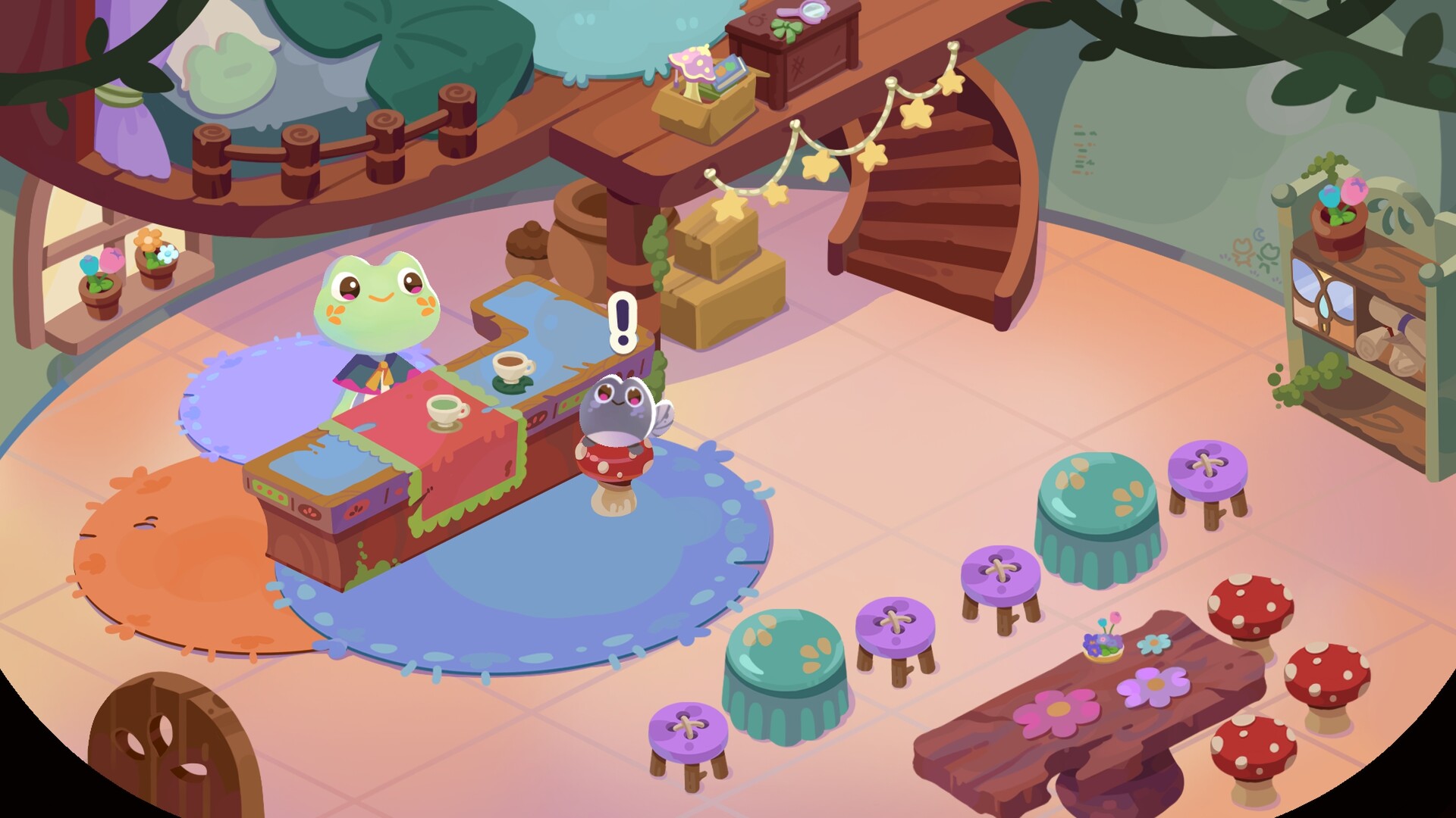 A little frog serves a cup of tea to a smaller frog who sits on a toad stall in cozy narrative indie adventure, Froggy Brews