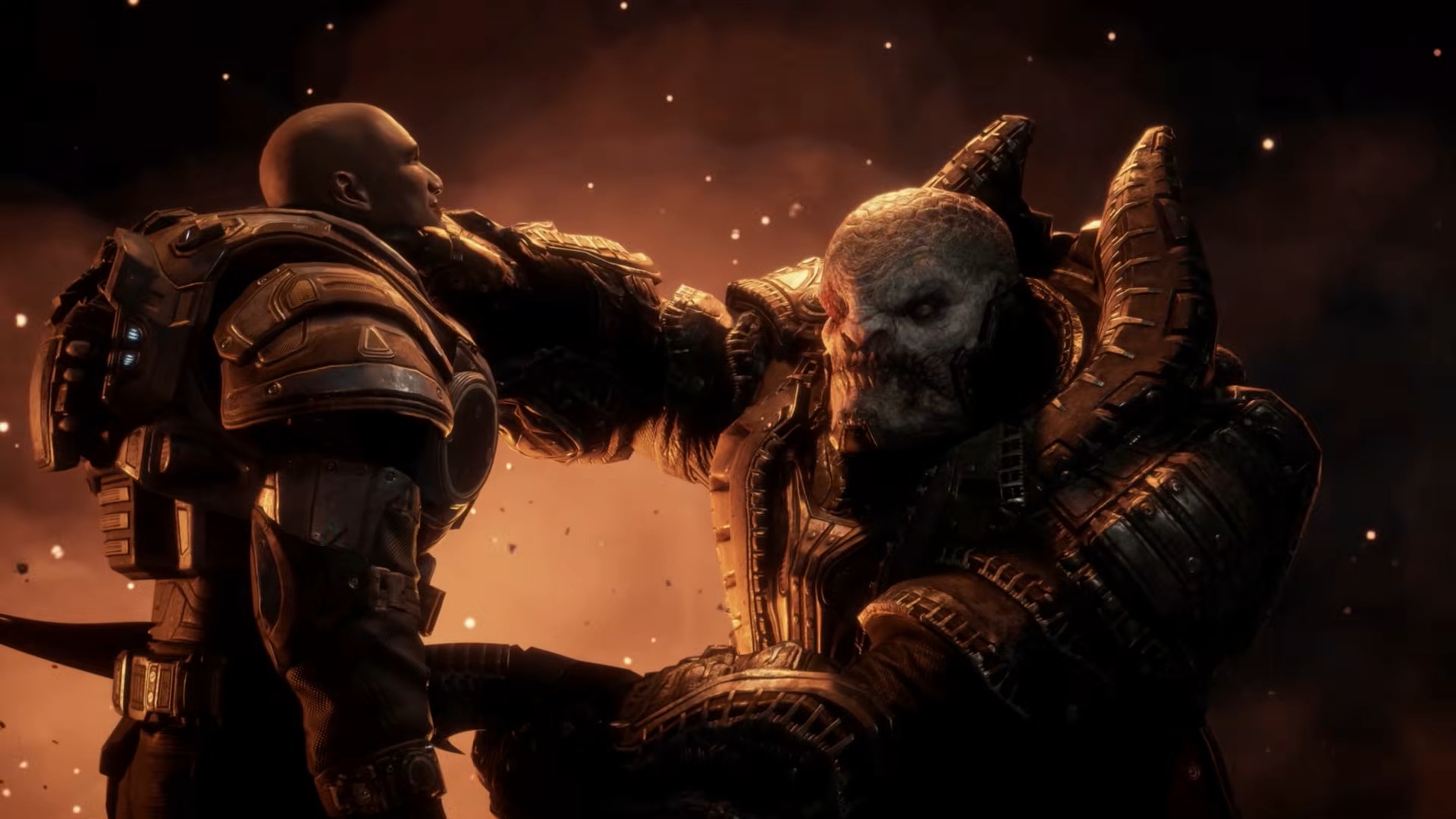 A powerful, armored creature holds a bald, armored man by the chin amid a fiery background, conveying a tense, confrontational atmosphere.
